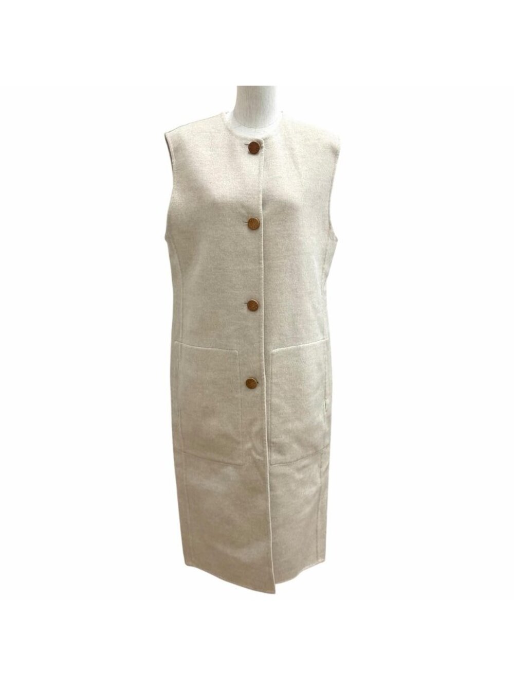 Hermes Cashmere 100% Wood Sellier Buttons Long Gilet Vest Beige Garment 40